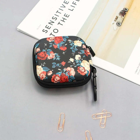 Premium Rugged Hard Eva Earbud Case With Sturdy Carabiner Loop For Wireless Headsets And AirPods Compatible in floral design.