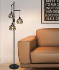 Dimmable Crystal Floor Lamp With Industrial Farmhouse Style, 3 Light Black Standing Lamp for Living Room And Bedroom near a sofa