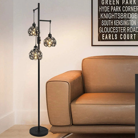 Dimmable Crystal Floor Lamp With Industrial Farmhouse Style, 3 Light Black Standing Lamp for Living Room And Bedroom near a sofa