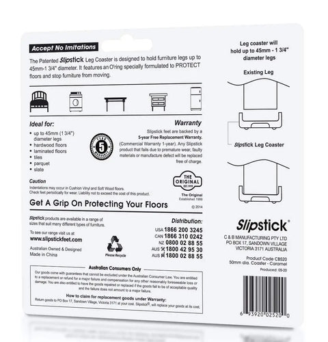 Instructions and warranty information for Non Slip Furniture Caster Cups Floor Protectors For Furniture Feet Set Of 4 Round One And Three Quarters Inch Caramel Finish
