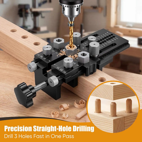 Doweling Jig Kit With Quick Positive Stop And Clamp, Adjustable Doweling Jig For 1/4, 3/8, And 1/2 Inch Drill Bits in action