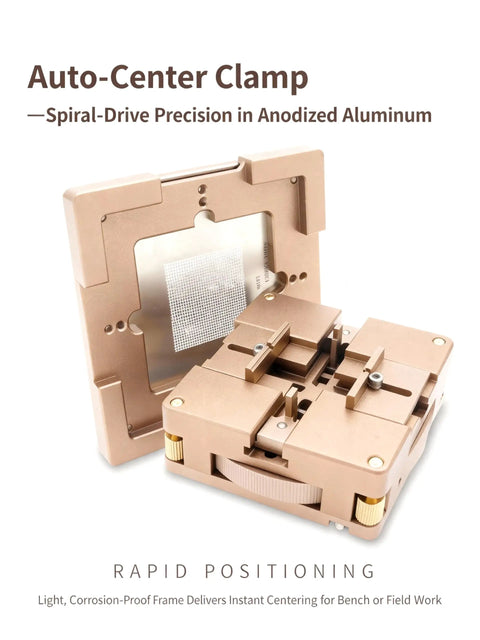 Auto Centering BGA Reballing Station Pro Kit With Aluminum Build, Tool Free 4 Corner Stencil Lock And Height Adjustable Swivel Corners, Auto Fixing Solder Rework System, Includes 3 Random Stencils For Fast, Precise Reballing. Auto-centering aluminum clamp with stencil for BGA rework
