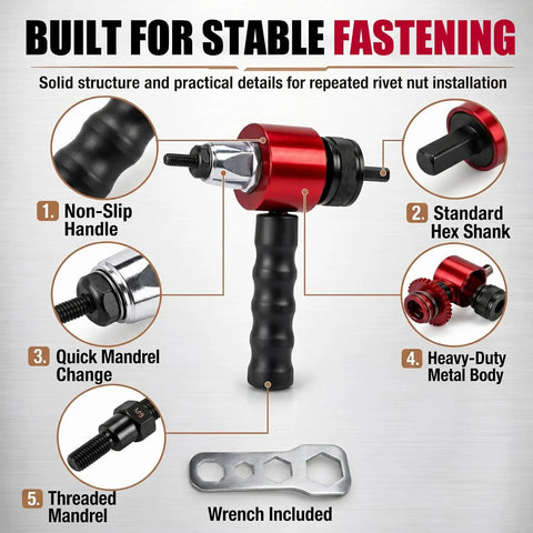 Turn Any Drill Into A Power Rivet Gun With This M3 To M8 Electric Rivet Nut Adapter Kit showing non-slip handle and hex shank