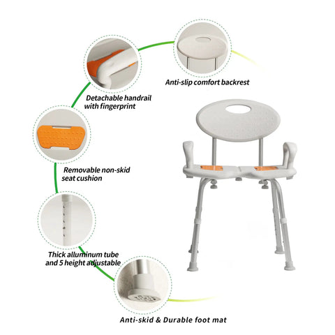 Heavy Duty Shower Chair With Arms And Back For Inside Shower Stall, Extra Wide 28 Inch U Shaped Seat, aluminum frame, diagram