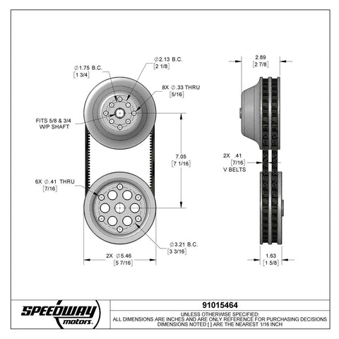 Technical diagram of One To One Pulley Combo For SBC Short Water Pump showing dimensions and pulley alignment