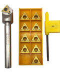 Front view of a 1/2-inch shank chamfering tool with carbide insert, yellow storage case, and TCMT32.51 inserts.