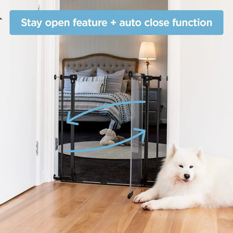 Adjustable Clear Acrylic Baby Gate For Stairs 28.8 To 32.3 Inches Wide, 30 Inches High, Walk-Through Safety Gate in doorway with dog lying nearby.