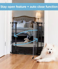 Clear Ultimate Baby Gate With Auto Close Walk Through No Fuss Safe Step Design Secure Handle Pressure Mounted Stairs Gate Warm Black Finish Fits Openings 44.5 To 48 Inches Includes 2x8 Extensions installed in bedroom doorway with dog nearby.