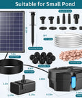 8W Solar Pond Filter With Built In 3600mAh Battery Backup And Water Pump For Ponds Fish Tanks Bird Baths Waterfall Garden DIY Water Feature No Fuss Setup components displayed
