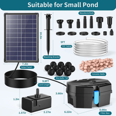8W Solar Pond Filter With Built In 3600mAh Battery Backup And Water Pump For Ponds Fish Tanks Bird Baths Waterfall Garden DIY Water Feature No Fuss Setup components displayed