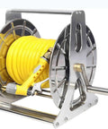 Heavy Duty Stainless Steel Hose Reel Built Like A Tank For Garden Yard And Car Wash Top Notch Industrial Water Organizer with yellow hose.