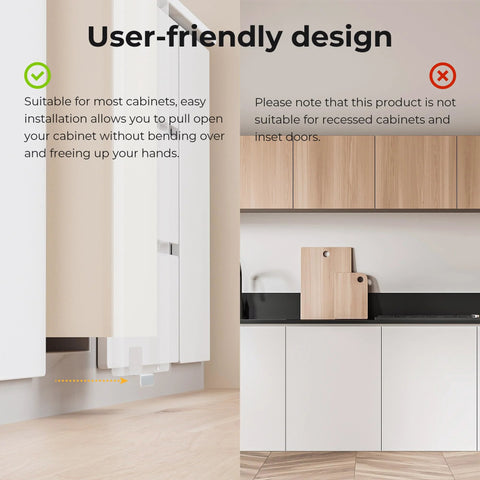 User-friendly design for under cabinet foot pull hands free trash drawer opener with adhesive strips and screws white for kitchen cabinets.