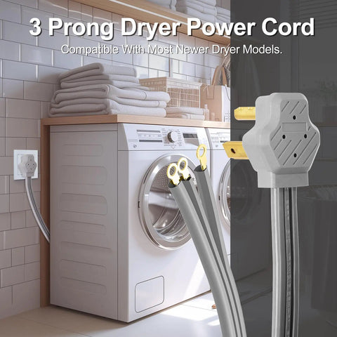 Heavy Duty 30 Amp 3 Prong Dryer Cord, 10 Foot Appliance Power Cable With Ring Terminal Connectors, 3 Wires Of Pure Copper shown