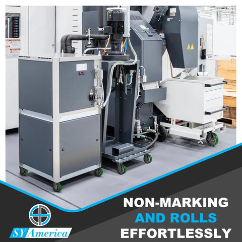 Heavy Duty Casters 8 Inch By 2 Inch, Aluminum Core, Polyurethane Tread, equipment with non-marking wheels in factory setting