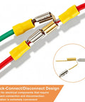 Heavy Duty 25 Pack Piggyback Spade Connectors Bulletproof Uninsulated Brass Quick Splice Tee Adapters showing quick-connect design with yellow plastic insulation.