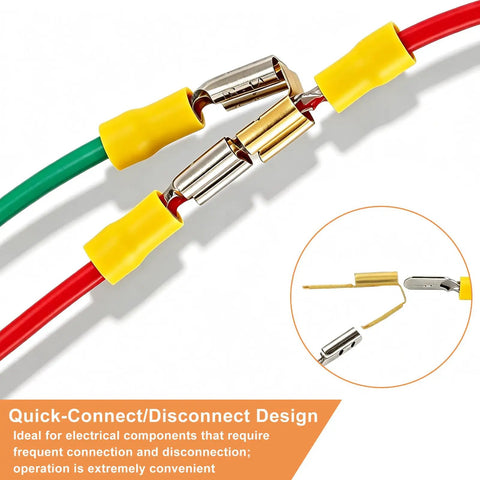 Heavy Duty 25 Pack Piggyback Spade Connectors Bulletproof Uninsulated Brass Quick Splice Tee Adapters showing quick-connect design with yellow plastic insulation.
