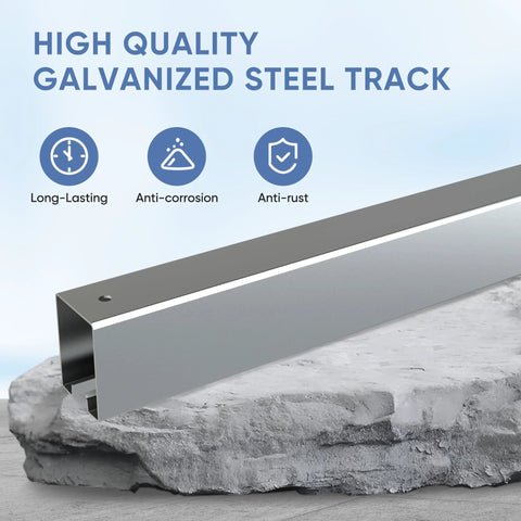 Close-up of Exterior Sliding Barn Door Hardware Kit For 12 Ft Double Doors, Heavy Duty Track Kit, Wall Mount, Galvanized Steel