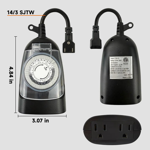 All Season Heavy Duty Outdoor Timer With Six Foot Cord 24 Hour Mechanical Settings showing dual outlet and timer dial.