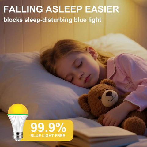 Child sleeping with teddy under warm light from Amber Sleep Light Bulbs 3W Warm 1800K No Blue Light Ideal For Baby Nursery And Sleep