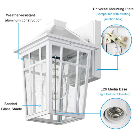 Outdoor Sconce Lights 2 Pack White Weatherproof Aluminum Wall Fixtures With Glass Panels Anti Rust Exterior Porch Lights