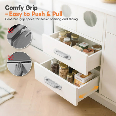 Sliding Barn Door Handle Set In Aluminum Alloy for cabinet drawers, silver finish, comfortable grip, shown installed on white drawers.