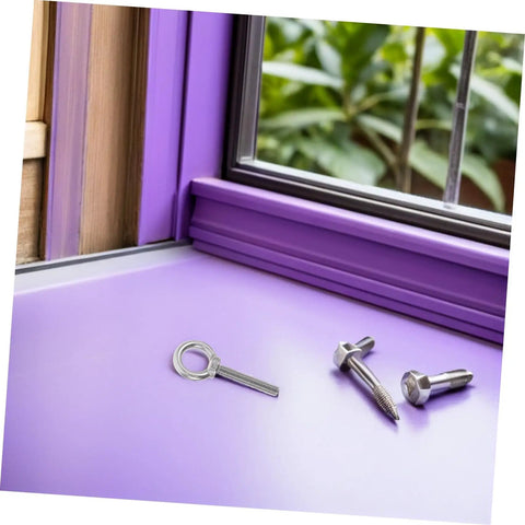 Heavy Duty Stainless Steel Eye Bolts M10x60 With Nuts And Washers on purple surface, featuring a key and bolts for lifting applications.
