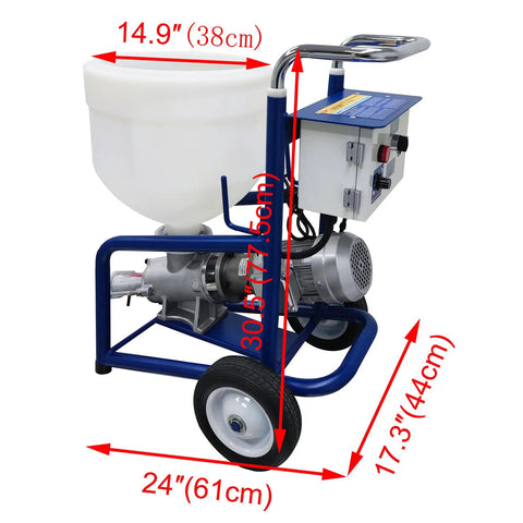 Badass Heavy Duty Putty Cement Grouting Mortar Spray Machine With 28L Hopper And 220V Power, showing dimensions and features.