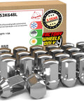 24 Pc OEM Style M14x1.5 Lug Nuts Set, 1.77 Inches Long Dope Chrome Finish displayed with packaging box