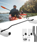 Person kayaking with Inflatable Kayak Stabilizer Outrigger Kit For Canoes And Boats, Floating Balancing Accessory, equipment visible