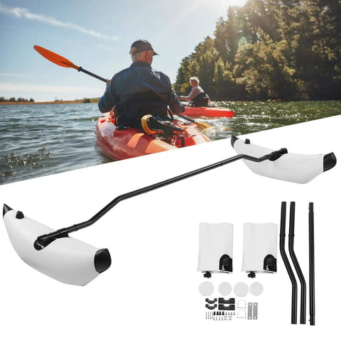 Inflatable Kayak Stabilizer and Outrigger Kit for Canoes and Boats PVC Floating Balancer Easy Setup shown with kayaker on water