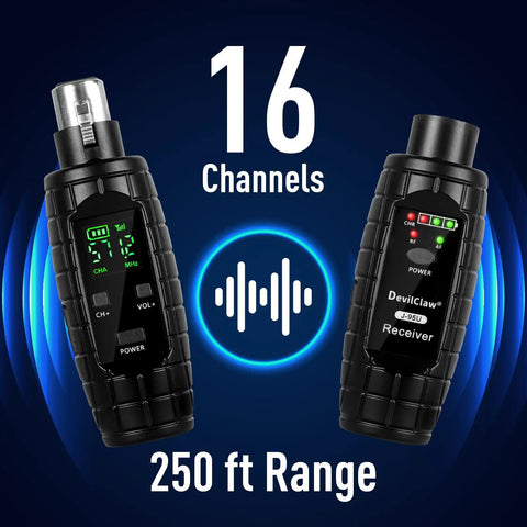 Wireless XLR Transmitter And Receiver System With 48V Phantom Power, 0V/5V/48V Switchable, 16-channel UHF displayed.