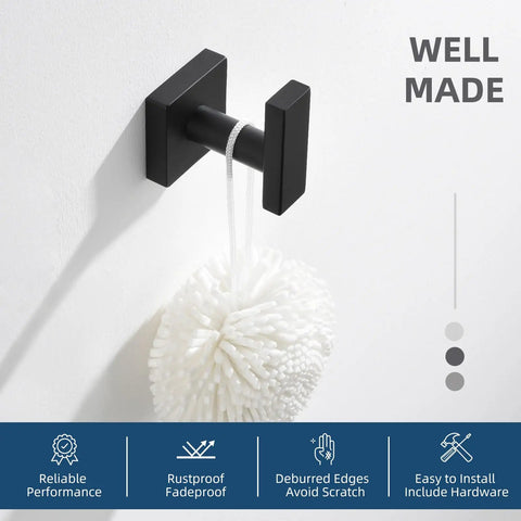 Matte Black Stainless Steel Towel Hook For Bathroom Wall Mount No Fuss Modern Hand Towel Coat Rack with hanging bath sponge