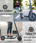 Comparison of scooter with 'Our rubber' tires and 'Other TPE' tires, highlighting shock absorption capabilities.