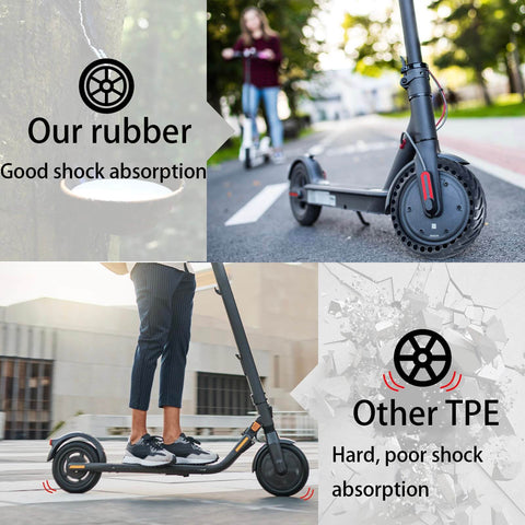 Comparison of scooter with 'Our rubber' tires and 'Other TPE' tires, highlighting shock absorption capabilities.