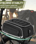 Expandable Waterproof Bike Trunk Bag 15L To 23L for rear rack attached on bike, showing design and stability features, outdoor setting