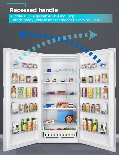 Interior view of Bumper Fit 21 2 Cubic Foot Upright Freezer Fridge With Jacked Up Storage And Quick Chill Circulation showing organized shelves.