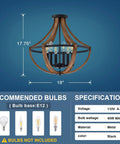 Six Light Rustic Semi Flush Mount Ceiling Light Fixture In Black With Handmade Brown Finish, 18x17.75 dimensions displayed