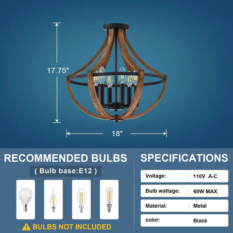 Six Light Rustic Semi Flush Mount Ceiling Light Fixture In Black With Handmade Brown Finish, 18x17.75 dimensions displayed