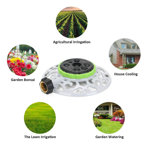 8 Pattern Turret Sprinkler With Metal Base No Fuss Stationary Sprinkler For Lawn Yard Garden Or Odd Shaped Areas Covers Up To 1225 Square Feet Easy Setup Great For Saving Water And Time shown with irrigation uses in a home and garden.