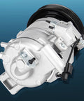 Keep Your Whip Chill With This Heavy Duty AC Compressor And Clutch Assembly For Honda Accord Crosstour Twenty Four Liter Underhood Setup Direct Replacement Cooling System Component, detailed view of silver compressor.