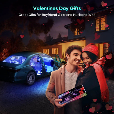 Couple holding App Controlled Car LED Interior Lights with visible glow inside car, gift for any occasion