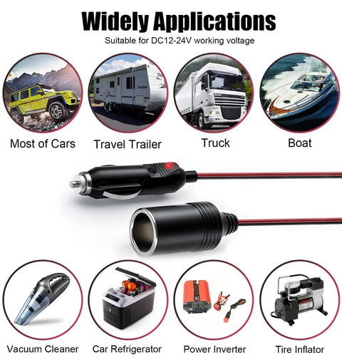 13Ft 12V/24V Heavy Duty Cigarette Lighter Extension Cable 16AWG Male Plug To Female Socket Adapter With Dual 15A Fuses And LED Indicator Lights For Tire Inflator Air Compressor shown with car, truck, boat, and trailer use