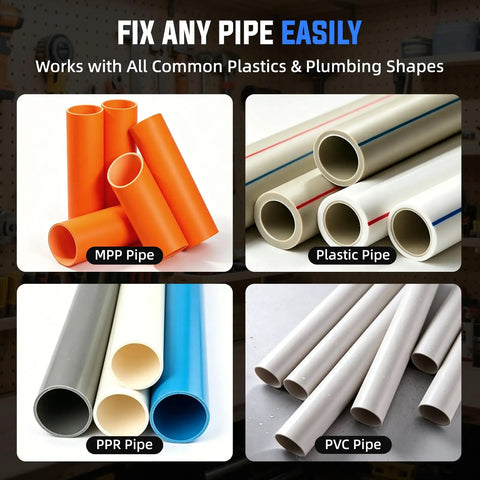 Four types of pipes: MPP, Plastic, PPR, and PVC used in the All In One Internal And External Pipe Threading Kit.