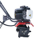 Side view of 40Cc Gas Powered Tiller with Adjustable 4 Steel Tines showcasing engine and sturdy U turn handle