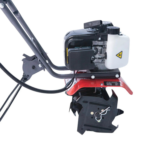 Side view of 40Cc Gas Powered Tiller with Adjustable 4 Steel Tines showcasing engine and sturdy U turn handle