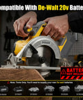 Real Deal Cordless Circular Saw Featuring A Beefy Eight Thousand RPM Motor and No Frills Bare Tool Build cutting wood with DeWalt battery.