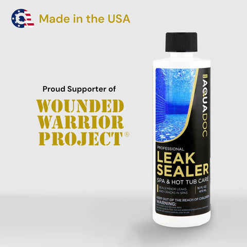 Bottle of Hot Tub Leak Sealer For Quick Fixes And Peace Of Mind, 16oz Spa Leak Repair Chemical, made in USA, on white background.