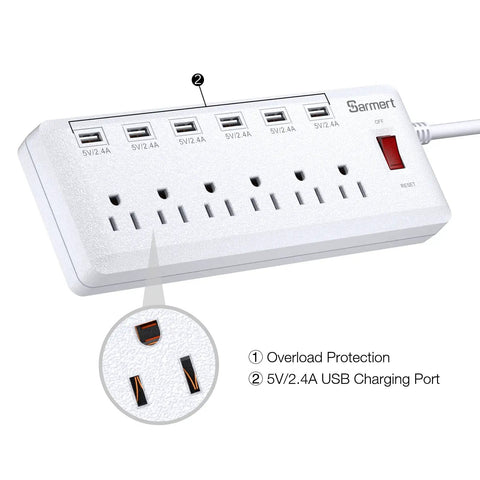 Six Outlet Surge Protector Power Strip With Six USB Ports and Six Foot Heavy Duty Extension Cord for Home and Office