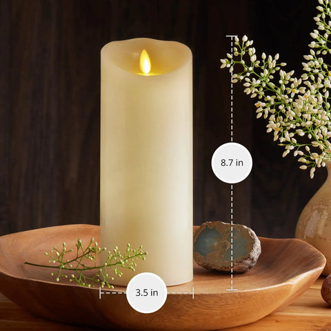 Scalloped Edge Flameless LED Pillar Candle Ivory 3.5 By 8.75 Inches Real Wax Look on a wooden tray with decor