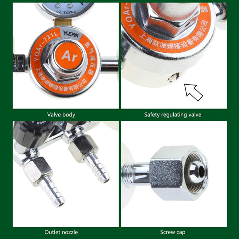 Argon Gas Regulator For Welding With Adjustable 0 To 25 MPa Pressure Gauge And Readout showing valve components.